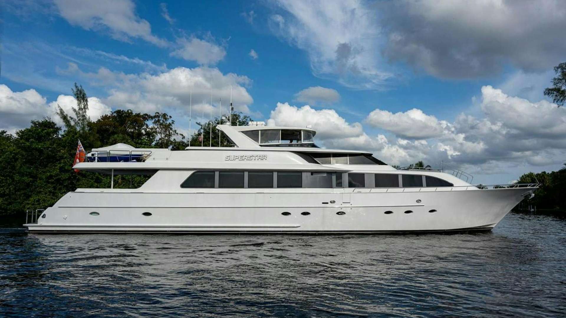 a white boat on water aboard SUPERSTAR Yacht for Sale