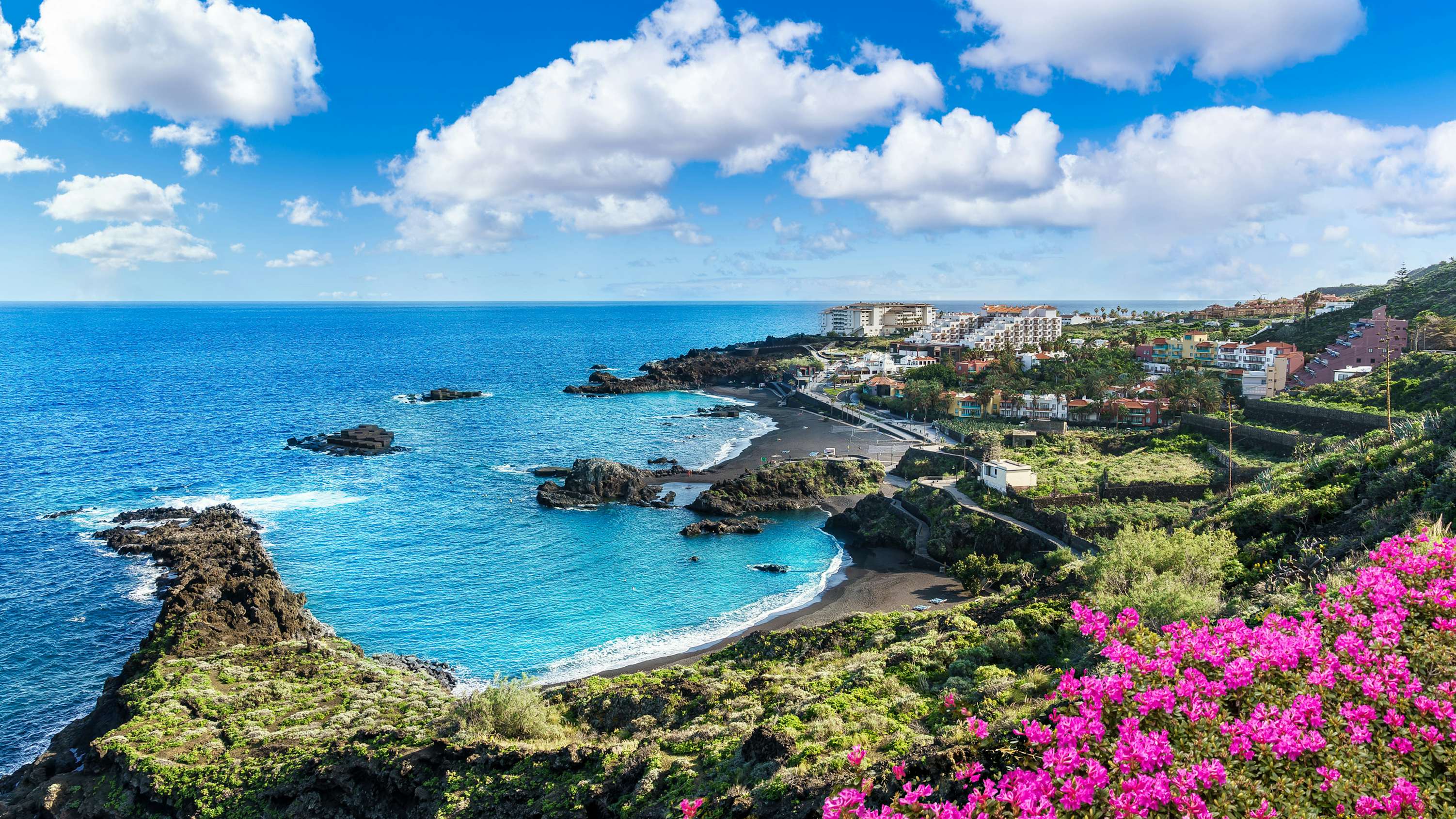 Lush pink blossoms framing a serene coastal bay ideal for yacht charters in Spain with N&J.