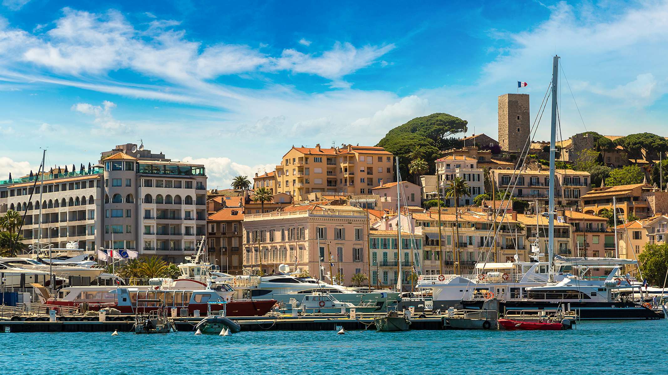 Cannes port blue water panoramic videos with yachts