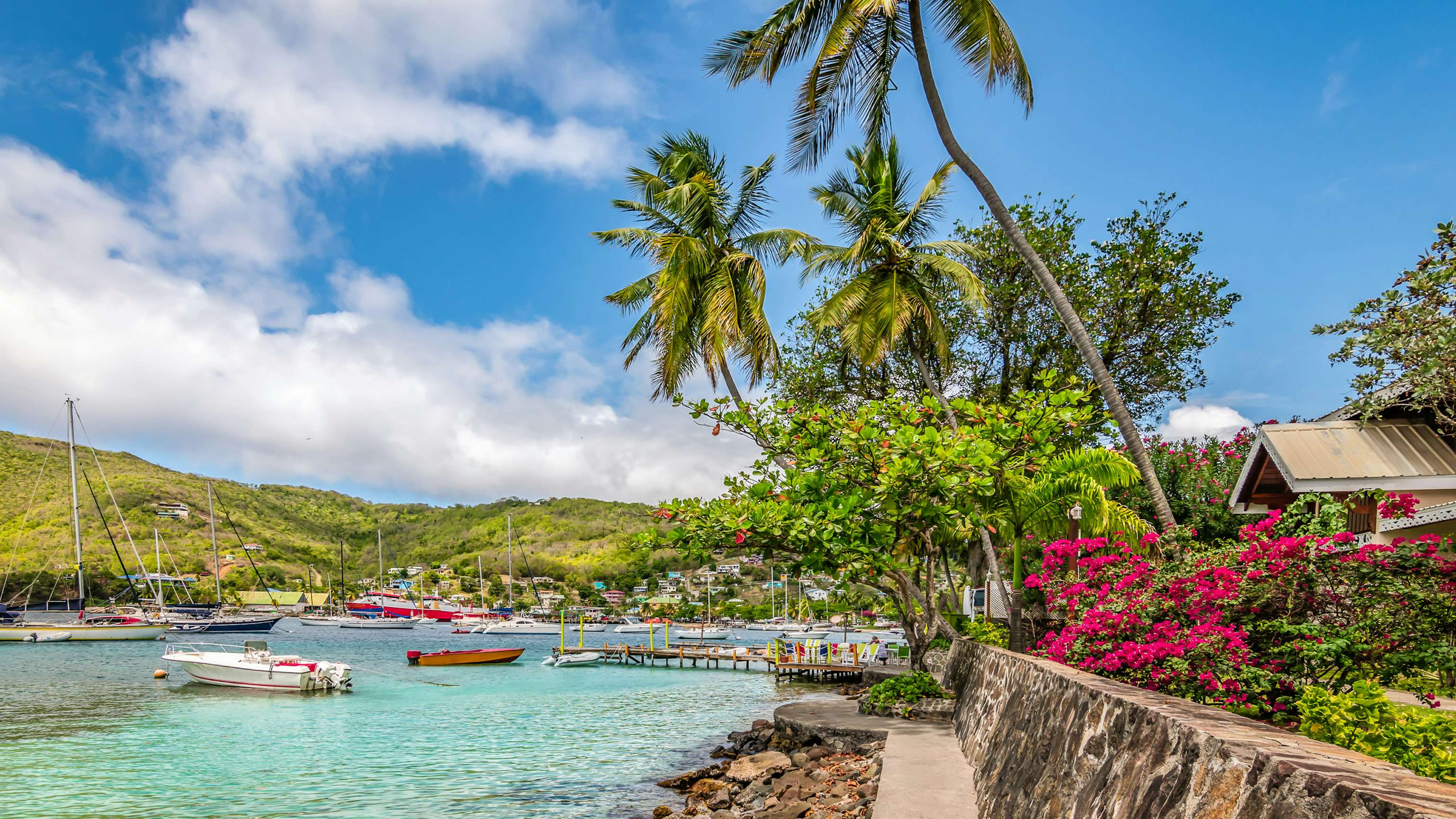 A captivating view of a walkway between the sea, cliff, and vibrant flowers in Bequia, St. Vincent and the Grenadines—a perfect scene for a Grenadines Yacht Charter.