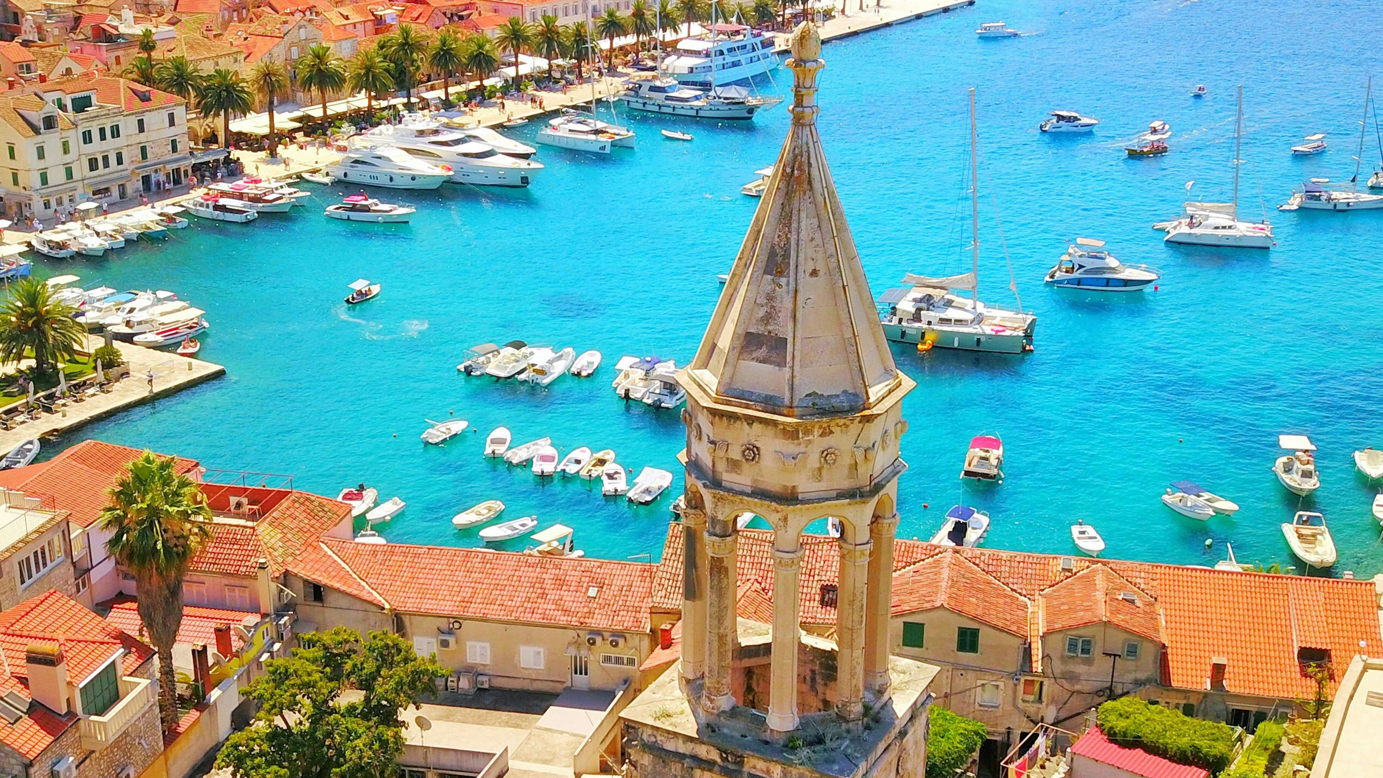 Breathtaking aerial view of Hvar's marina, a top destination for yacht charters in Croatia