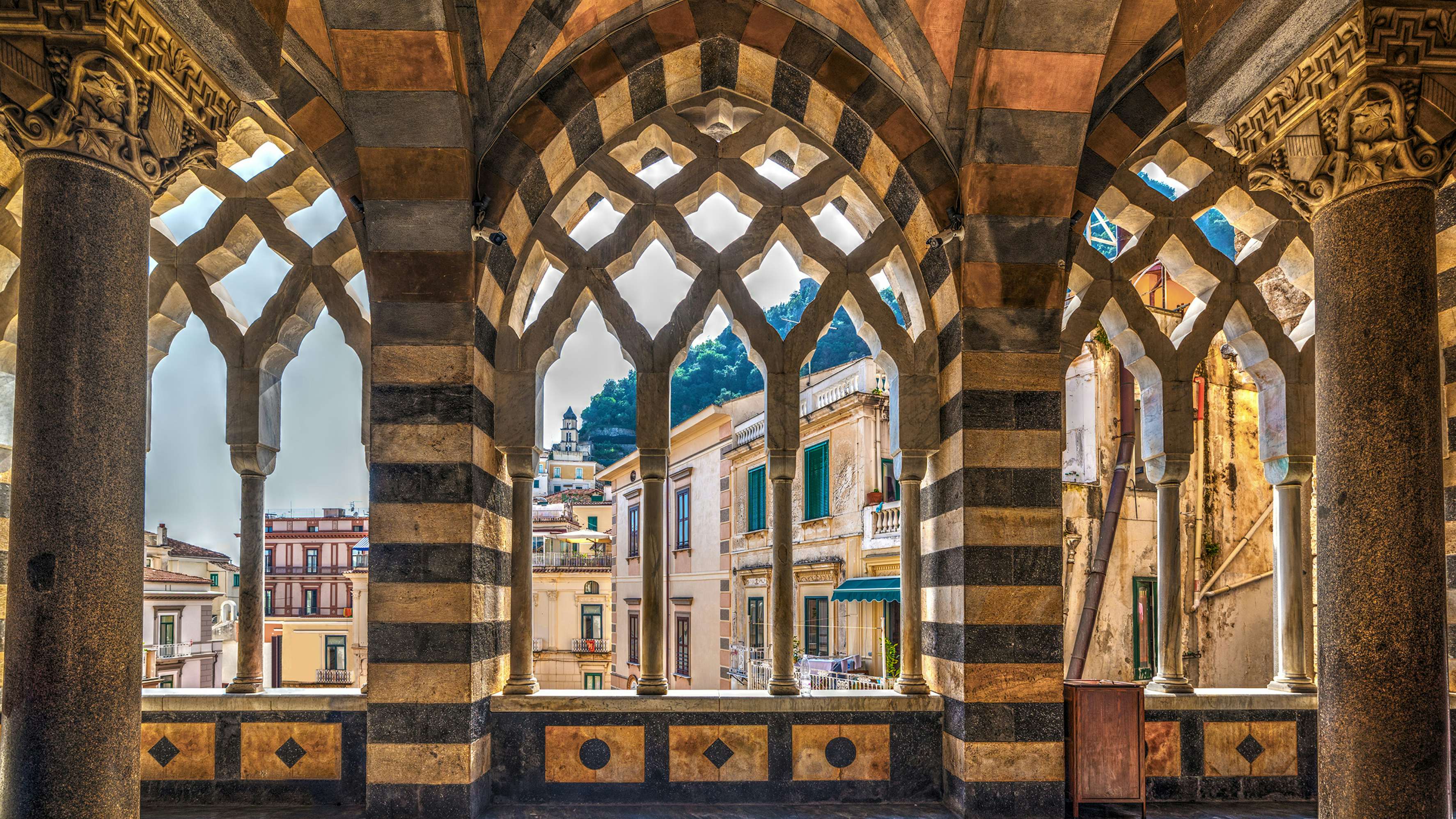 Ornate Gothic architecture of Campania Cathedral's interior in Amalfi, a must-visit during an Amalfi Coast yacht charter.