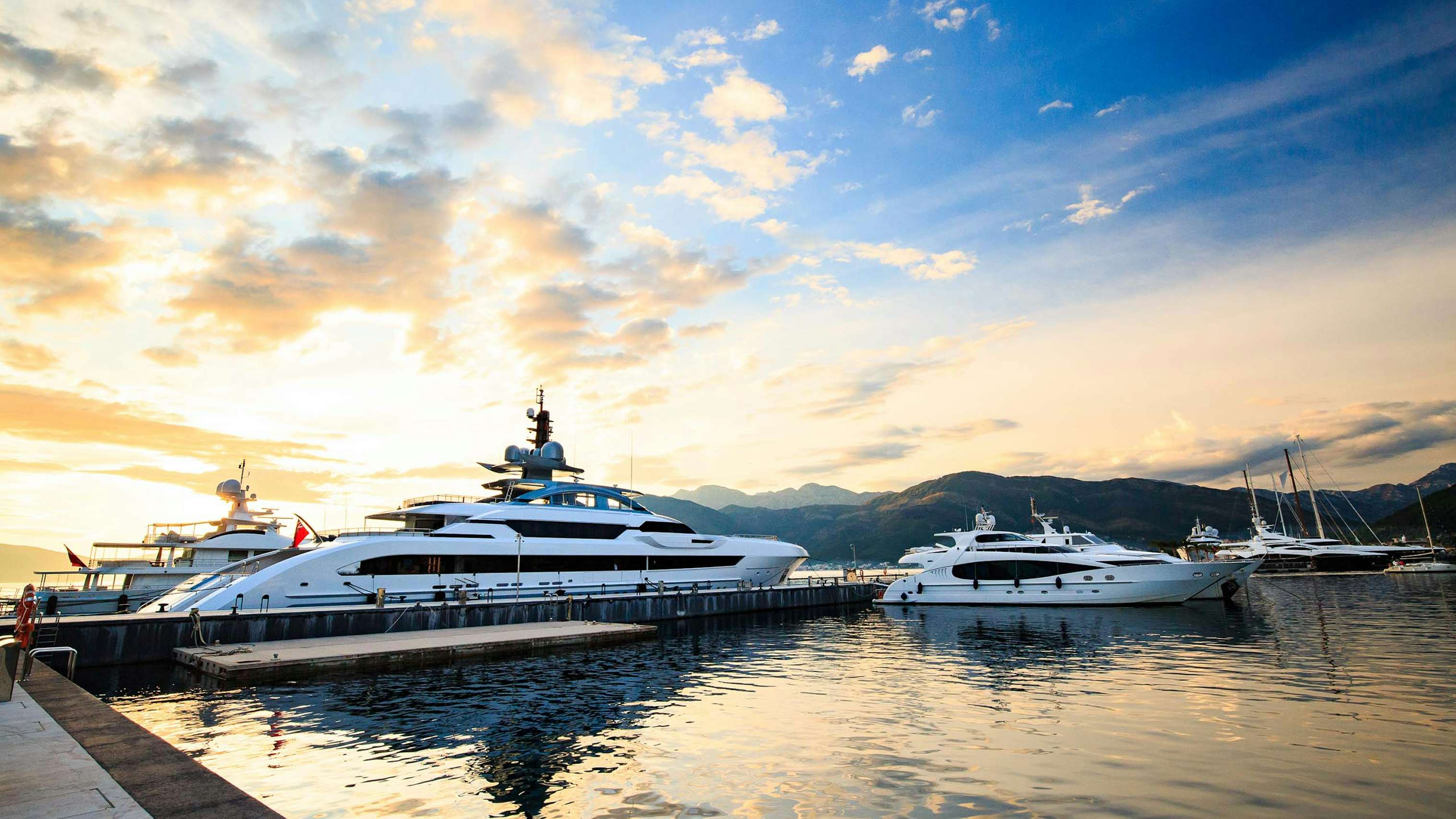 Luxury yacht marina. Port in Mediterranean sea at sunset